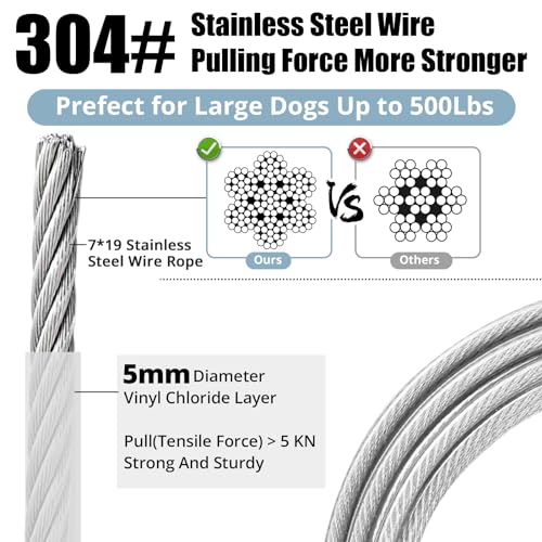 jenico 50 ft Dog Tie Out Cable - Heavy Duty Outdoor Dog Runner with 360° Swivel and Reflective Coating (Fits Dogs Up to 500 lbs)