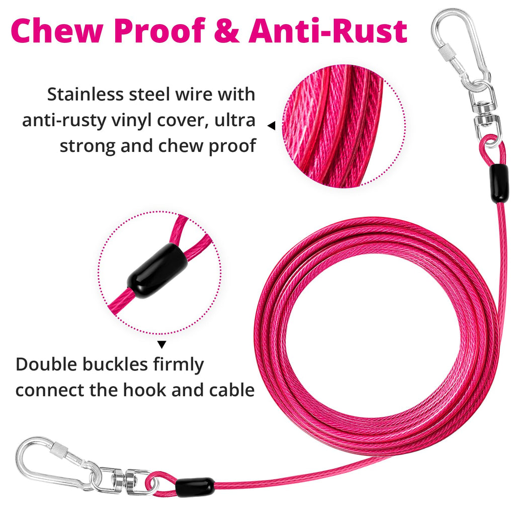 jenico 50 ft Pink Dog Tie Out Cable – Heavy Duty Stainless Steel Lead for Yard, Up to 500 lbs