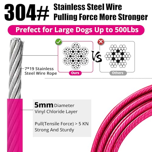 jenico 50 ft Pink Dog Tie Out Cable – Heavy Duty Stainless Steel Lead for Yard, Up to 500 lbs