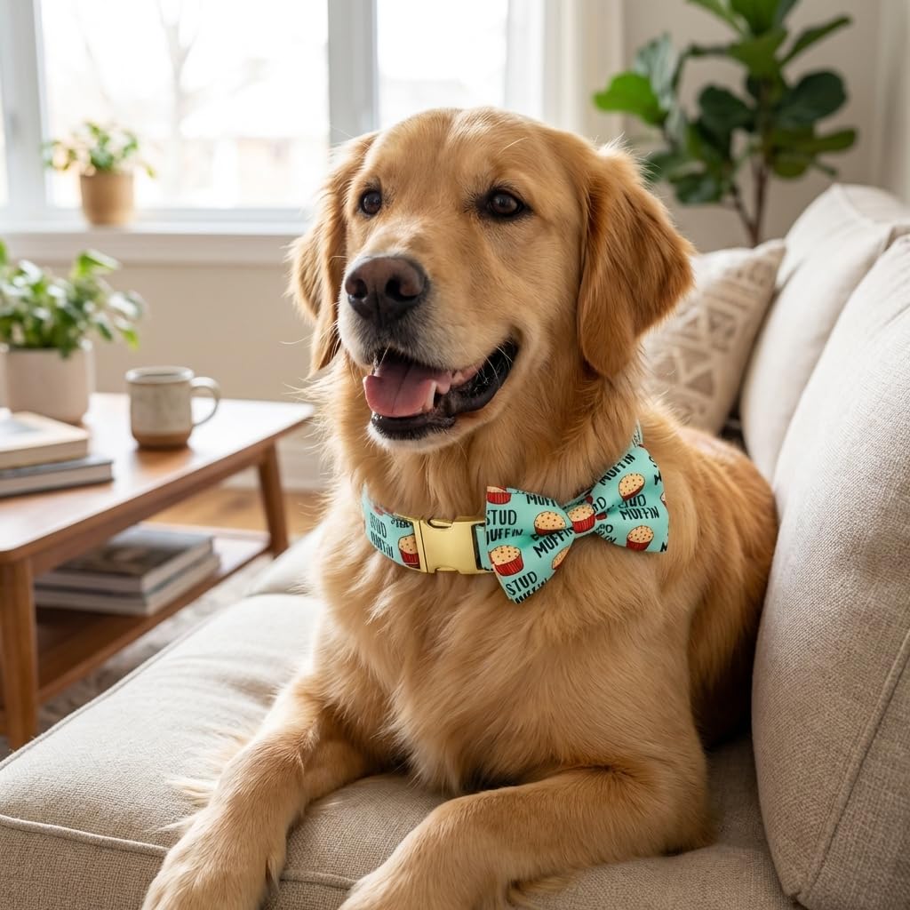 JIUJIA Stud Muffin Dog Bow Tie Collar - Detachable, Adjustable, Handmade Cotton for Small to Large Dogs
