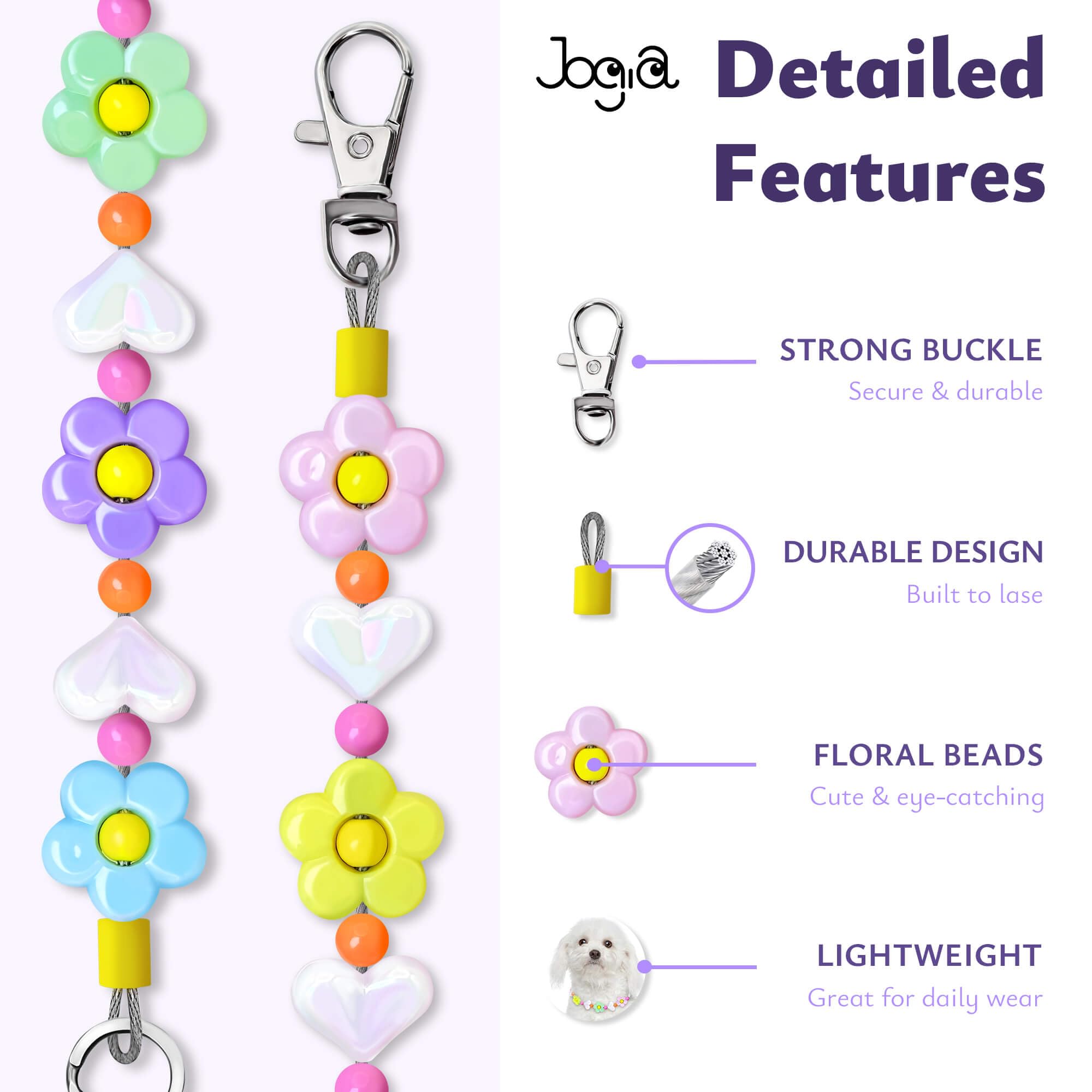 JOGIA Handmade Floral Beaded Dog Collar – Lightweight Adjustable for Small to Large Dogs