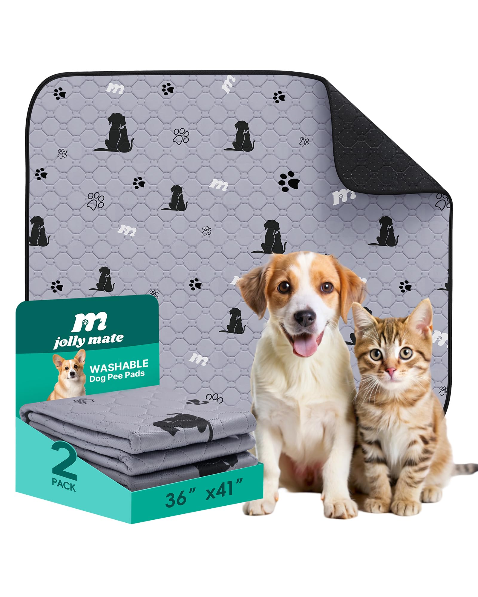 JollyMate 36x41 Washable Reusable Dog Pee Pads 2-Pack - Gray, Ultra-Absorbent, Leak-Proof, Non-Slip