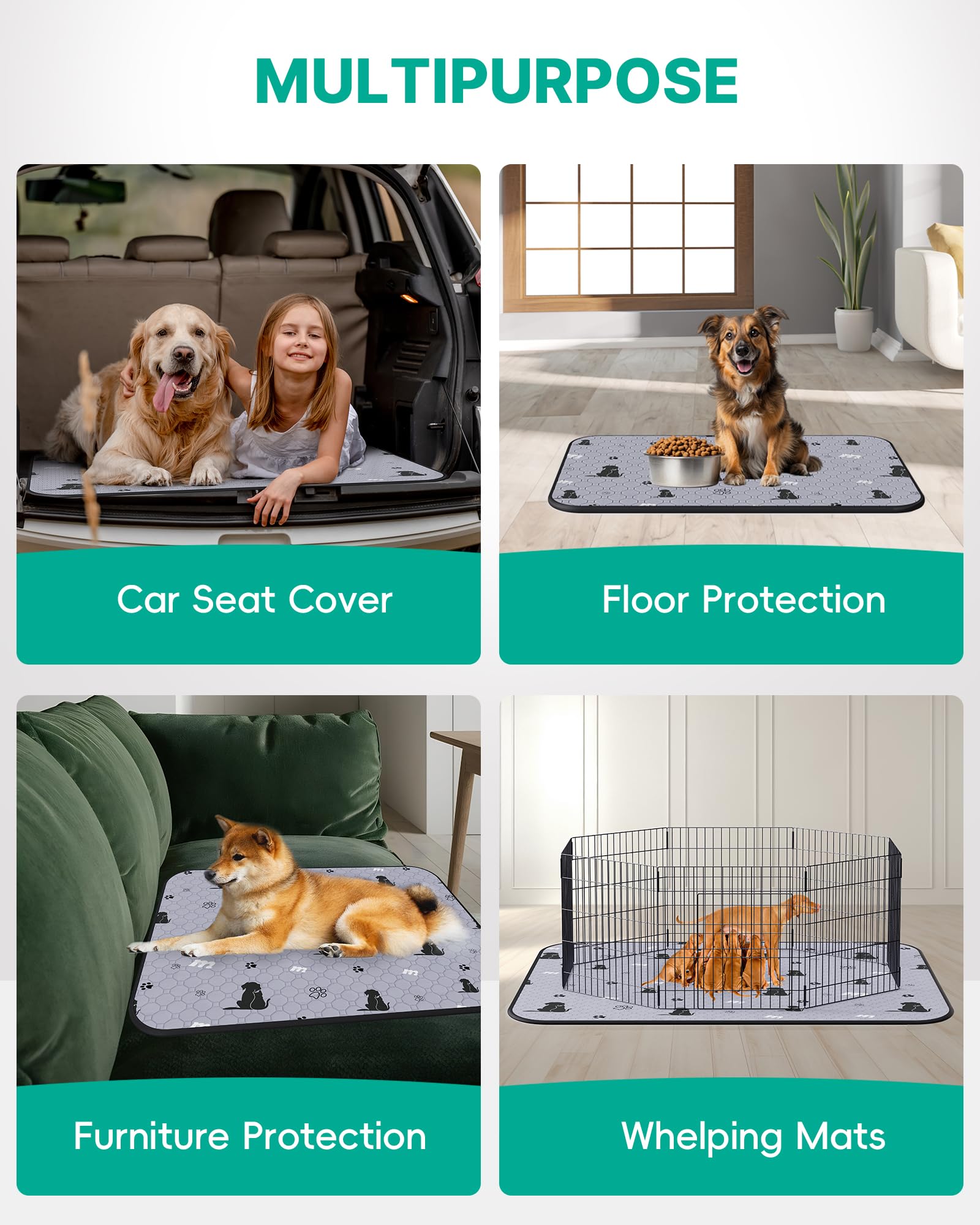JollyMate 36x41 Washable Reusable Dog Pee Pads 2-Pack - Gray, Ultra-Absorbent, Leak-Proof, Non-Slip