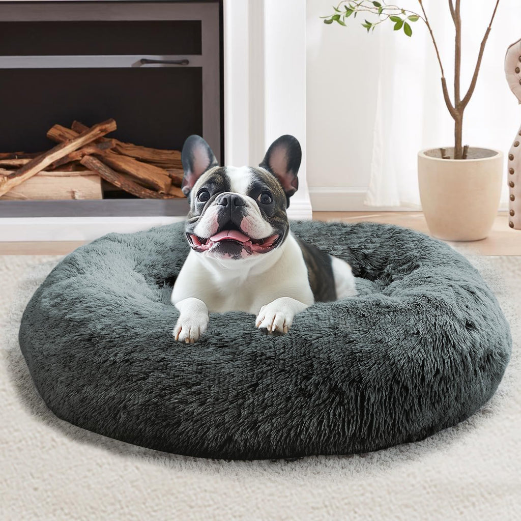 JOLLYVOGUE 20-Inch Calming Donut Bed for Small Dogs & Cats, Anti-Anxiety Round Plush Pet Bed, Washable Faux Fur, Navy Grey, Fits up to 15 lbs