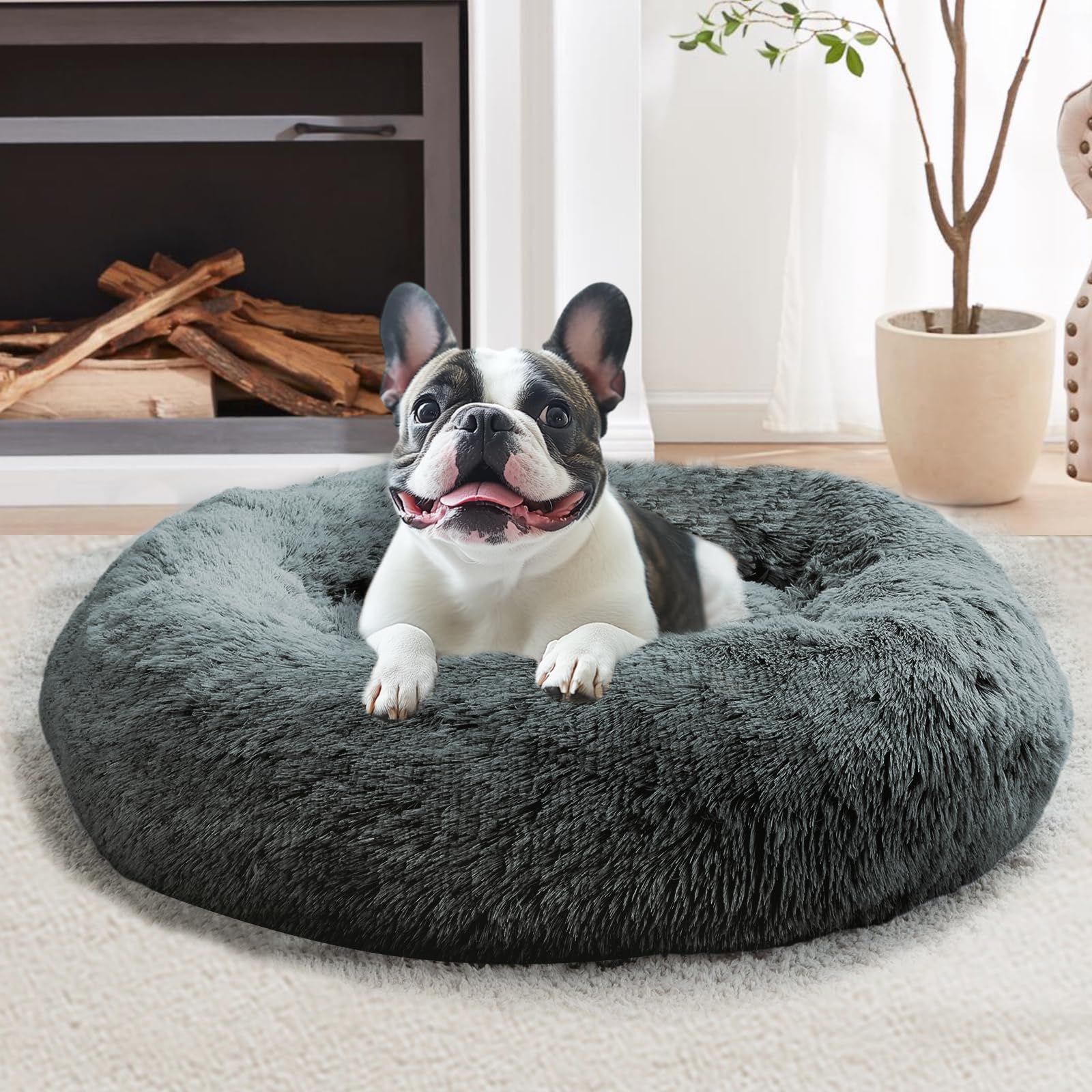 JOLLYVOGUE 20-Inch Calming Donut Bed for Small Dogs & Cats, Anti-Anxiety Round Plush Pet Bed, Washable Faux Fur, Navy Grey, Fits up to 15 lbs
