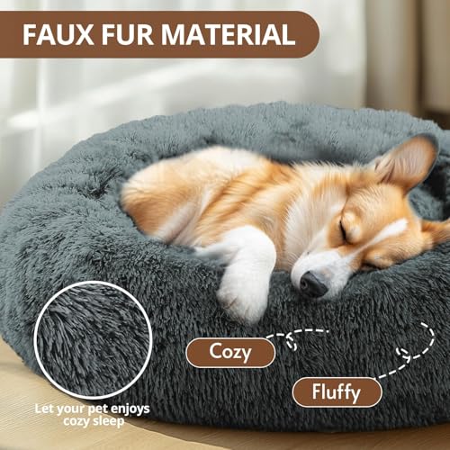 JOLLYVOGUE 20-Inch Calming Donut Bed for Small Dogs & Cats, Anti-Anxiety Round Plush Pet Bed, Washable Faux Fur, Navy Grey, Fits up to 15 lbs