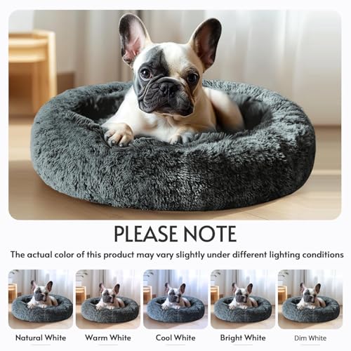 JOLLYVOGUE 20-Inch Calming Donut Bed for Small Dogs & Cats, Anti-Anxiety Round Plush Pet Bed, Washable Faux Fur, Navy Grey, Fits up to 15 lbs
