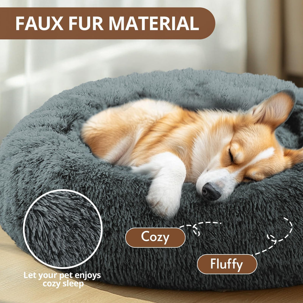 JOLLYVOGUE 20-Inch Calming Donut Bed for Small Dogs & Cats, Anti-Anxiety Round Plush Pet Bed, Washable Faux Fur, Navy Grey, Fits up to 15 lbs