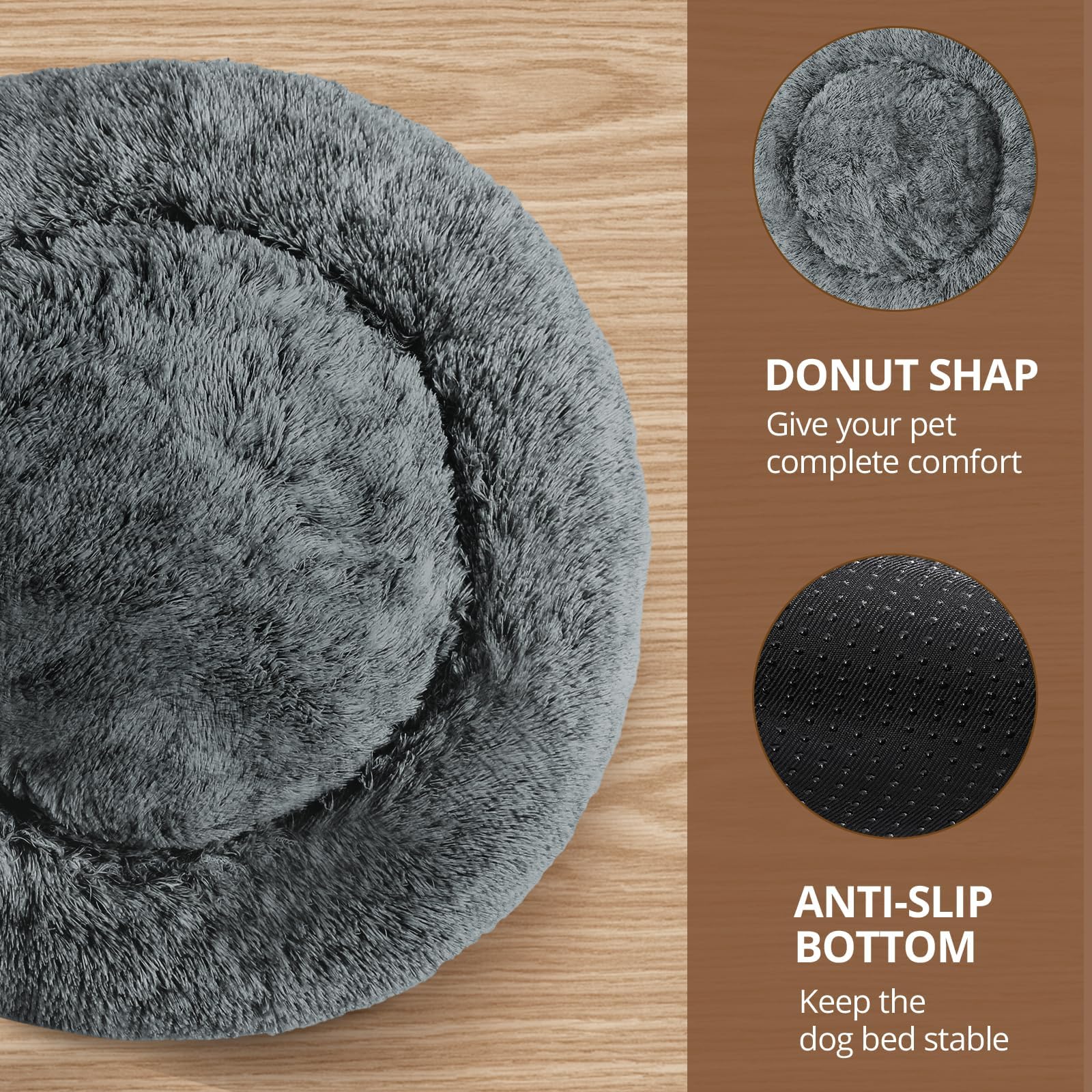 JOLLYVOGUE 20-Inch Calming Donut Bed for Small Dogs & Cats, Anti-Anxiety Round Plush Pet Bed, Washable Faux Fur, Navy Grey, Fits up to 15 lbs