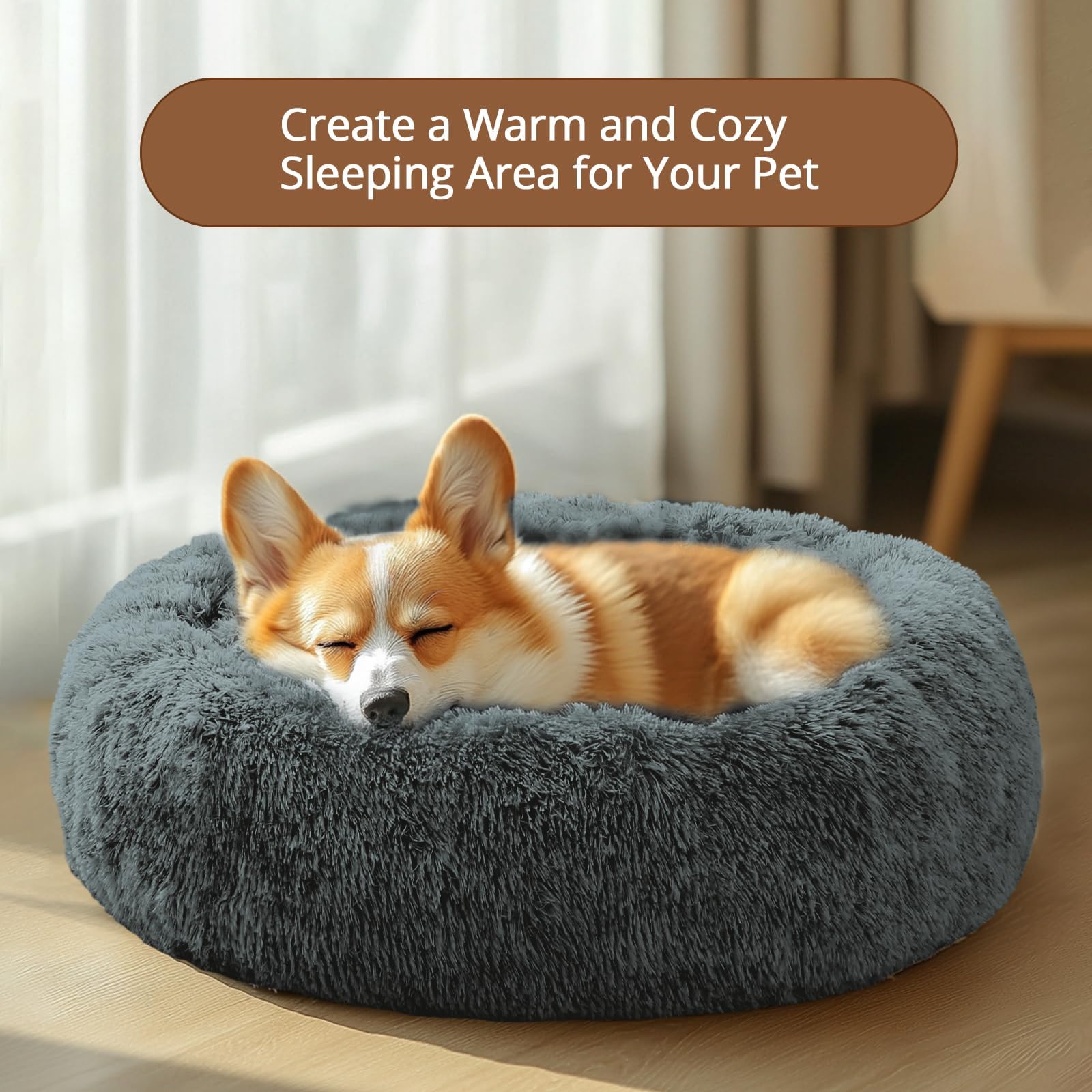 JOLLYVOGUE 20-Inch Calming Donut Bed for Small Dogs & Cats, Anti-Anxiety Round Plush Pet Bed, Washable Faux Fur, Navy Grey, Fits up to 15 lbs
