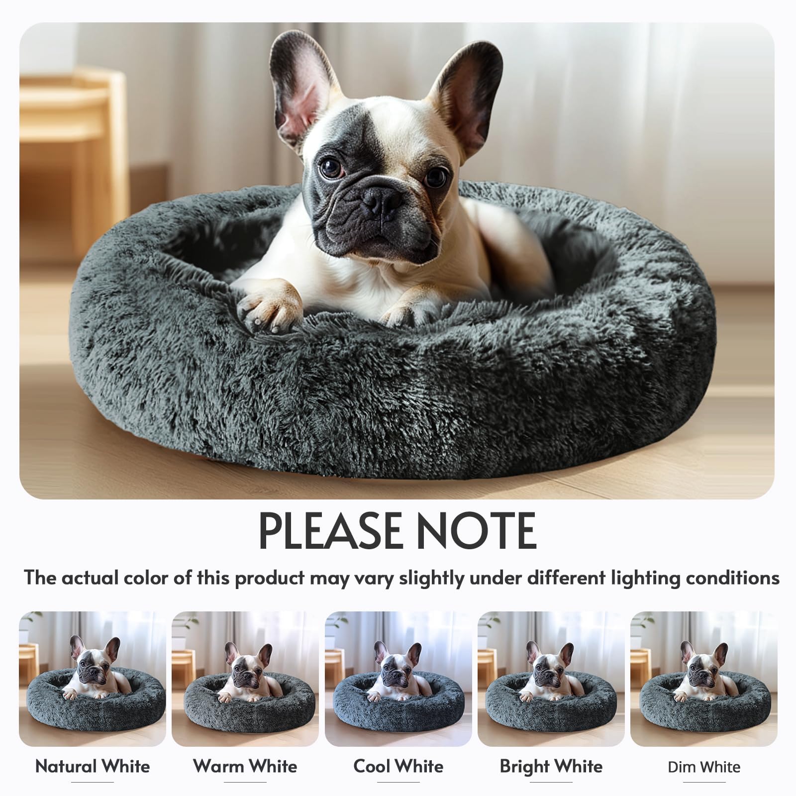 JOLLYVOGUE 20-Inch Calming Donut Bed for Small Dogs & Cats, Anti-Anxiety Round Plush Pet Bed, Washable Faux Fur, Navy Grey, Fits up to 15 lbs