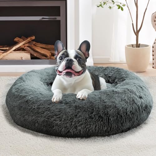 JOLLYVOGUE 20-Inch Calming Donut Bed for Small Dogs & Cats, Anti-Anxiety Round Plush Pet Bed, Washable Faux Fur, Navy Grey, Fits up to 15 lbs