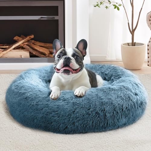 JOLLYVOGUE 20-Inch Donut Pet Bed for Small Dogs & Cats, Faux Fur, Machine Washable, Calming Bed for up to 15 lbs (Blue)