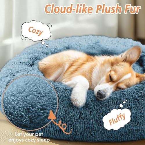 JOLLYVOGUE 20-Inch Donut Pet Bed for Small Dogs & Cats, Faux Fur, Machine Washable, Calming Bed for up to 15 lbs (Blue)