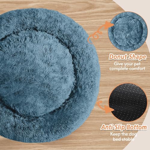 JOLLYVOGUE 20-Inch Donut Pet Bed for Small Dogs & Cats, Faux Fur, Machine Washable, Calming Bed for up to 15 lbs (Blue)