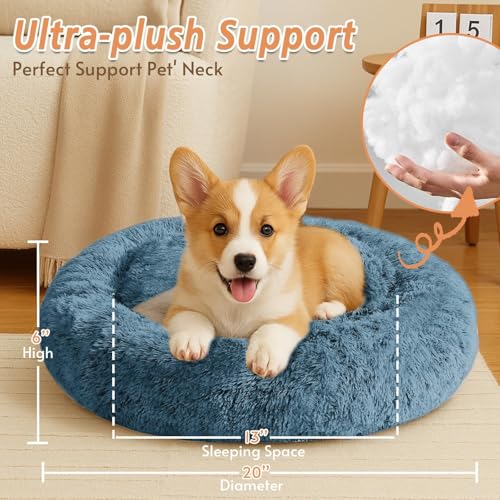 JOLLYVOGUE 20-Inch Donut Pet Bed for Small Dogs & Cats, Faux Fur, Machine Washable, Calming Bed for up to 15 lbs (Blue)