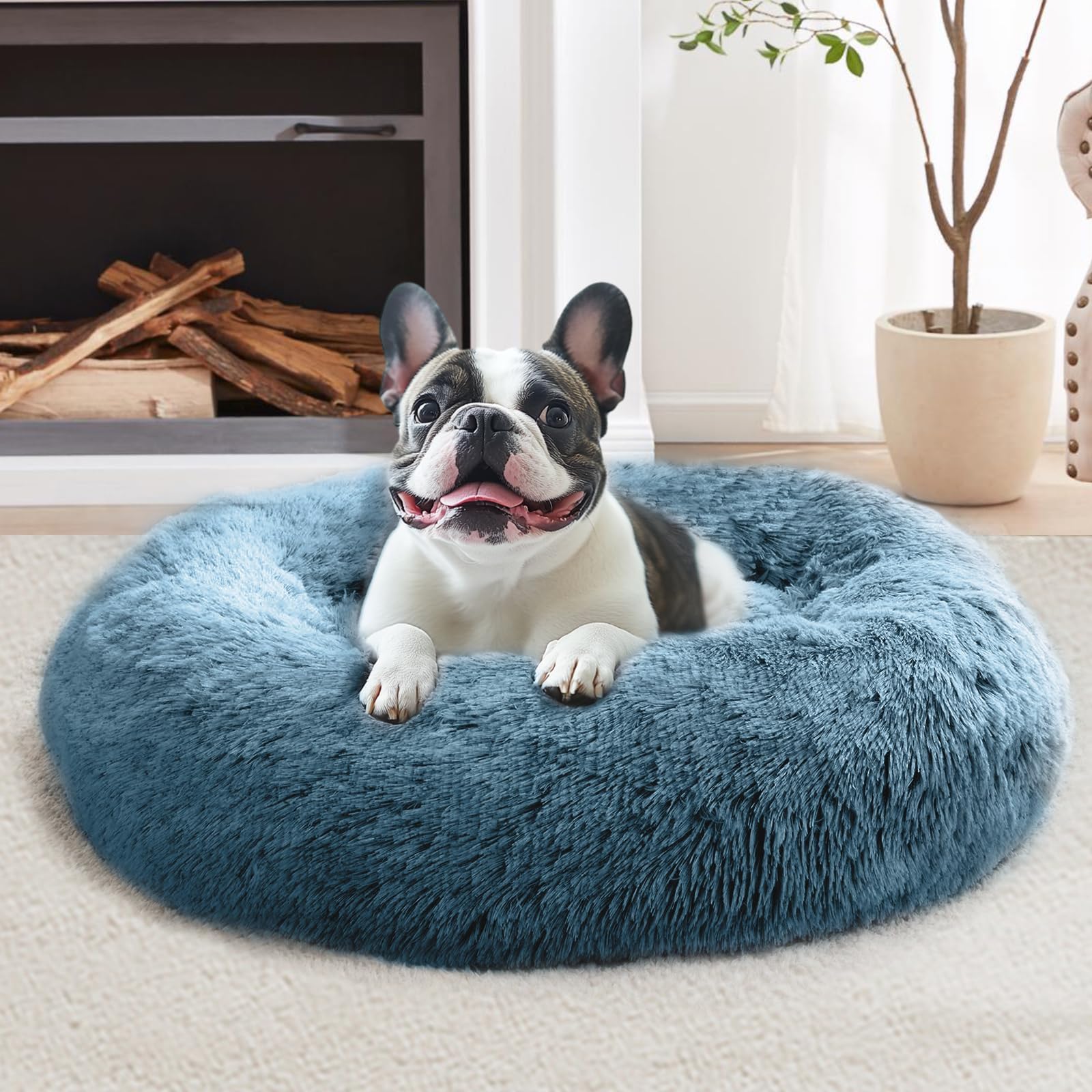 JOLLYVOGUE 20-Inch Donut Pet Bed for Small Dogs & Cats, Faux Fur, Machine Washable, Calming Bed for up to 15 lbs (Blue)