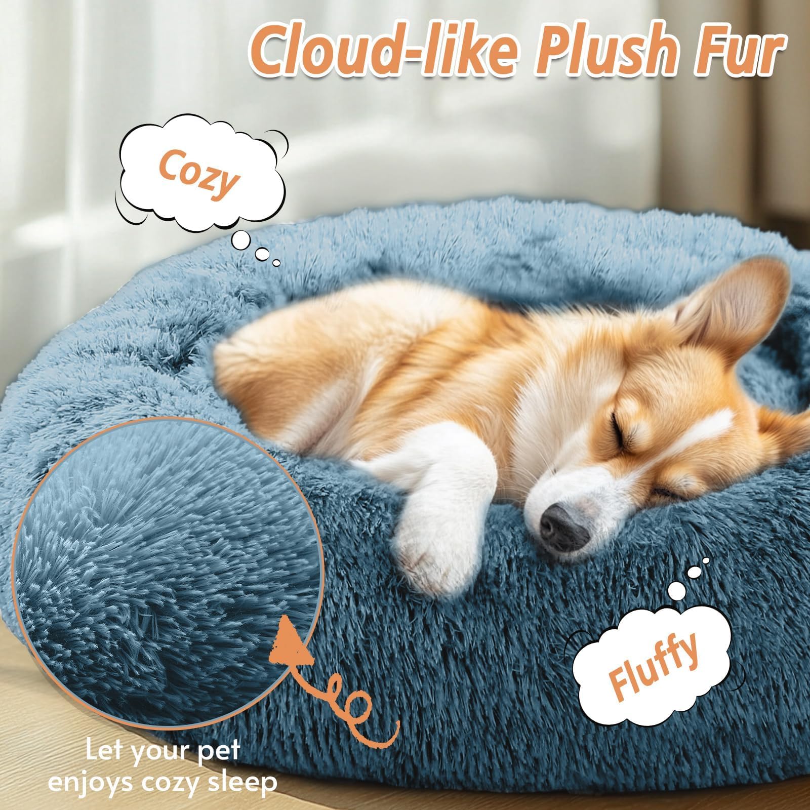 JOLLYVOGUE 20-Inch Donut Pet Bed for Small Dogs & Cats, Faux Fur, Machine Washable, Calming Bed for up to 15 lbs (Blue)