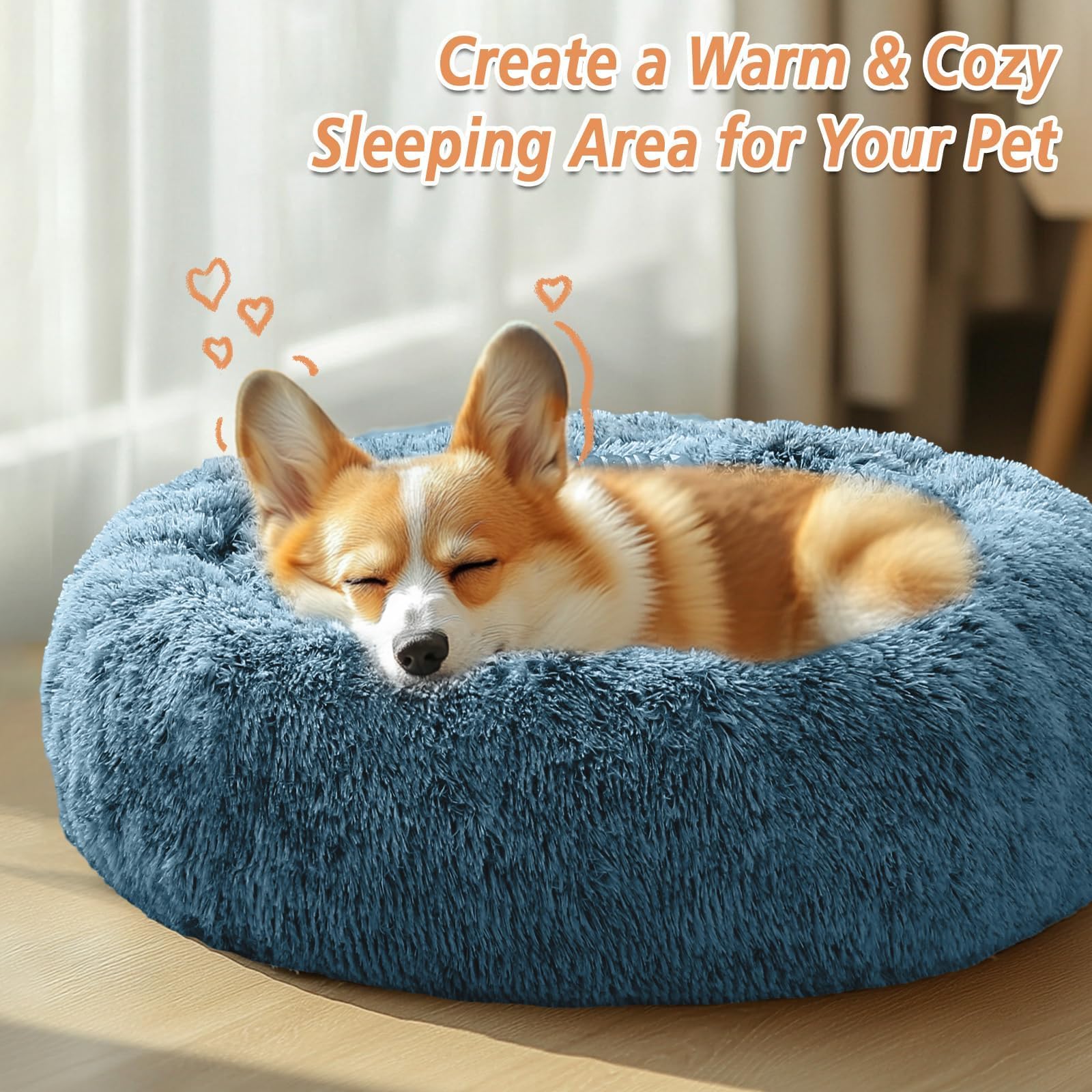 JOLLYVOGUE 20-Inch Donut Pet Bed for Small Dogs & Cats, Faux Fur, Machine Washable, Calming Bed for up to 15 lbs (Blue)