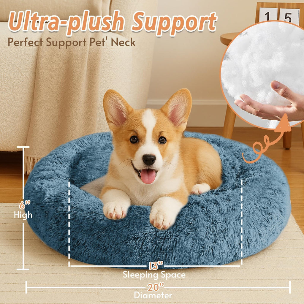 JOLLYVOGUE 20-Inch Donut Pet Bed for Small Dogs & Cats, Faux Fur, Machine Washable, Calming Bed for up to 15 lbs (Blue)