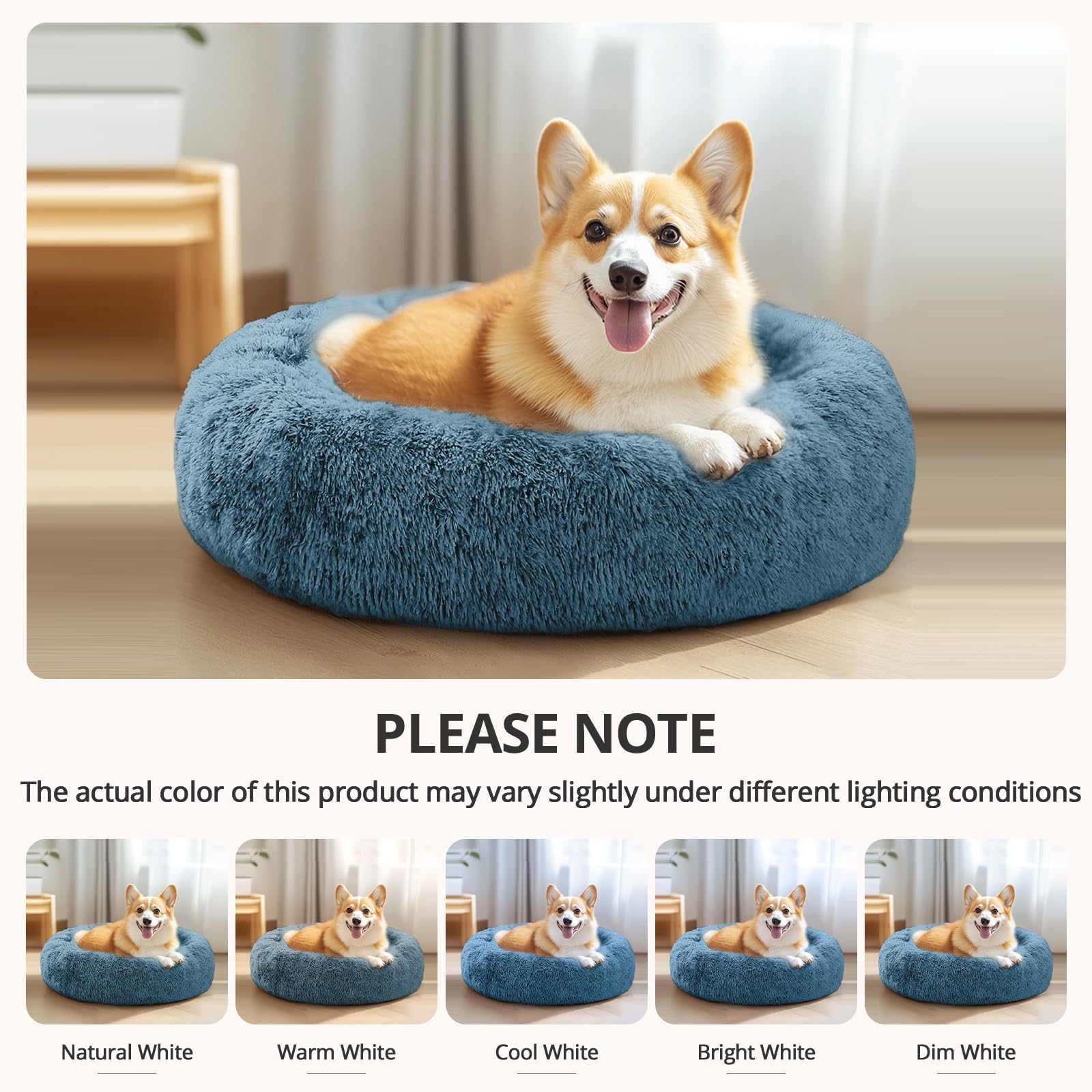 JOLLYVOGUE 20-Inch Donut Pet Bed for Small Dogs & Cats, Faux Fur, Machine Washable, Calming Bed for up to 15 lbs (Blue)
