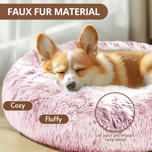 JOLLYVOGUE 23-Inch Calming Donut Dog Bed – Washable Faux Fur, Anti-Slip for Small Dogs Up to 25 lbs (Smoke Pink)