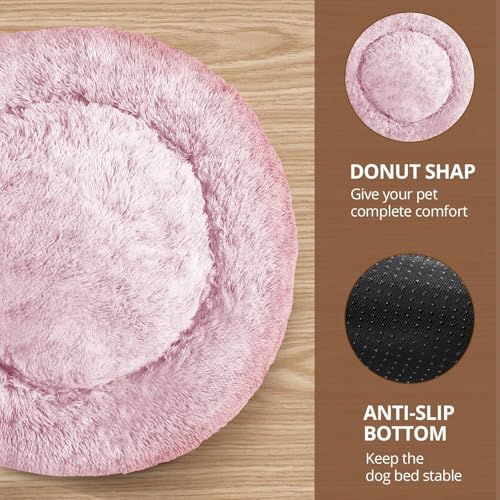 JOLLYVOGUE 23-Inch Calming Donut Dog Bed – Washable Faux Fur, Anti-Slip for Small Dogs Up to 25 lbs (Smoke Pink)