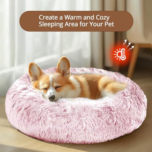 JOLLYVOGUE 23-Inch Calming Donut Dog Bed – Washable Faux Fur, Anti-Slip for Small Dogs Up to 25 lbs (Smoke Pink)