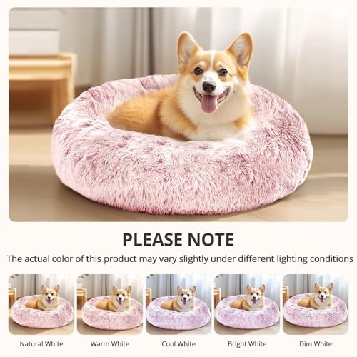 JOLLYVOGUE 23-Inch Calming Donut Dog Bed – Washable Faux Fur, Anti-Slip for Small Dogs Up to 25 lbs (Smoke Pink)