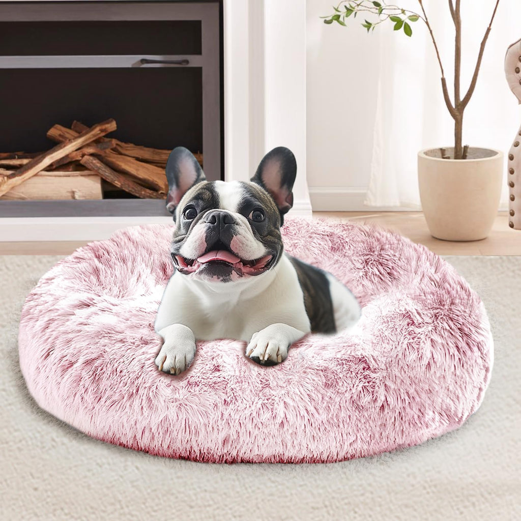 JOLLYVOGUE 23-Inch Calming Donut Dog Bed – Washable Faux Fur, Anti-Slip for Small Dogs Up to 25 lbs (Smoke Pink)