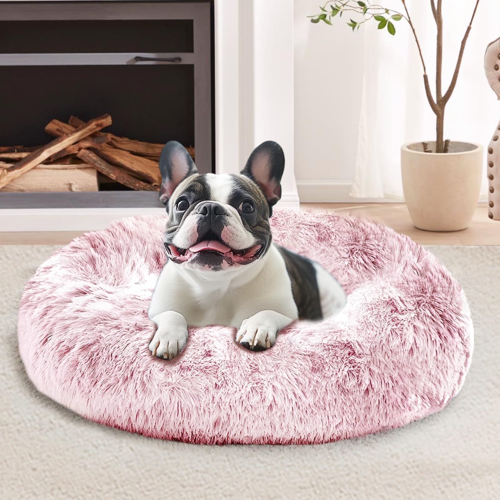 JOLLYVOGUE 23-Inch Calming Donut Dog Bed – Washable Faux Fur, Anti-Slip for Small Dogs Up to 25 lbs (Smoke Pink)