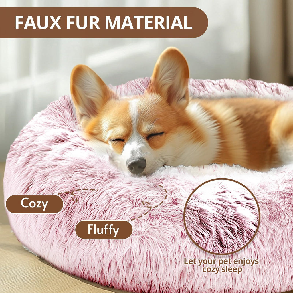 JOLLYVOGUE 23-Inch Calming Donut Dog Bed – Washable Faux Fur, Anti-Slip for Small Dogs Up to 25 lbs (Smoke Pink)