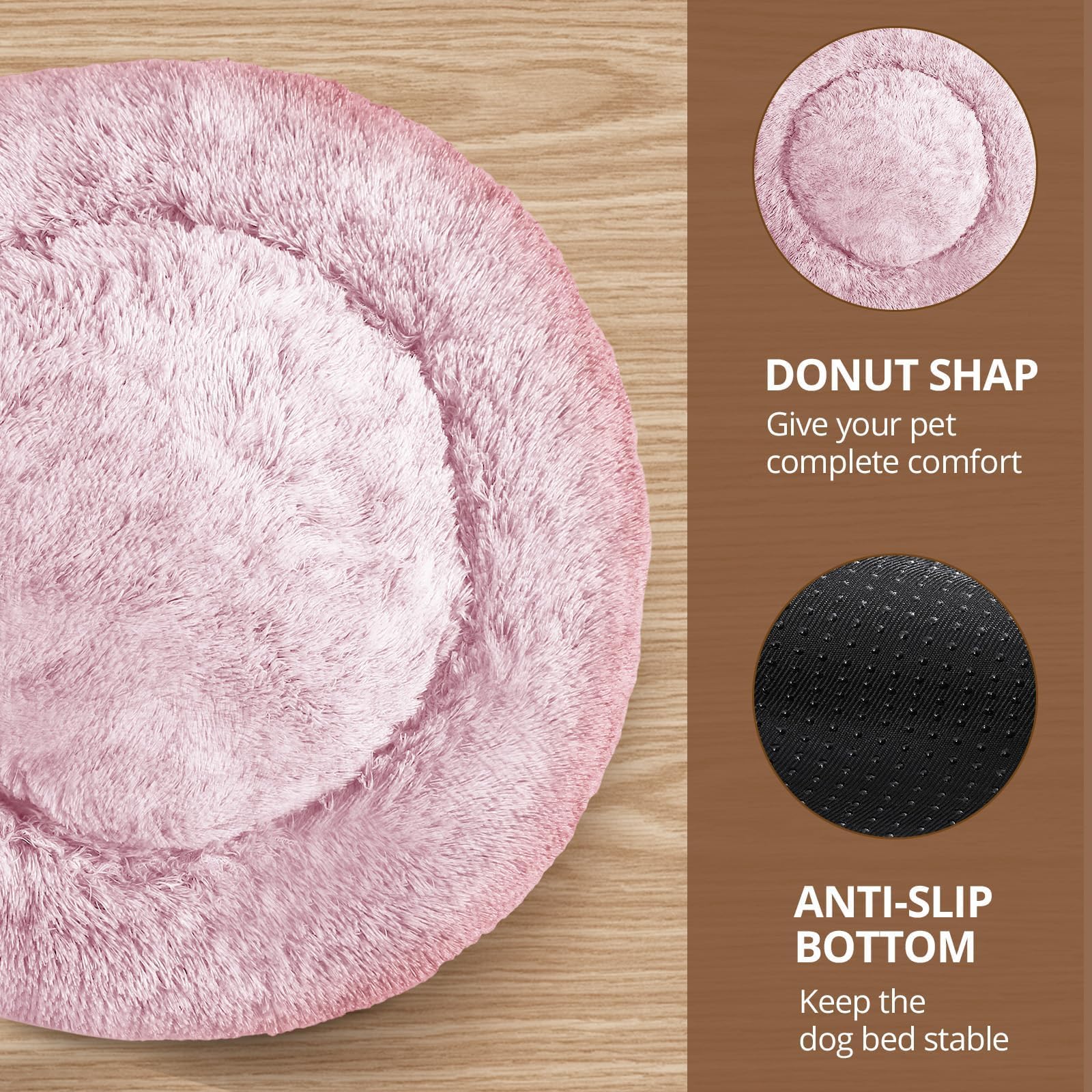 JOLLYVOGUE 23-Inch Calming Donut Dog Bed – Washable Faux Fur, Anti-Slip for Small Dogs Up to 25 lbs (Smoke Pink)