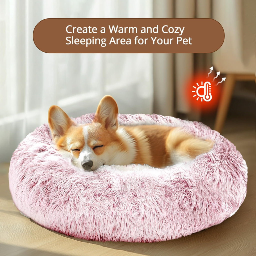 JOLLYVOGUE 23-Inch Calming Donut Dog Bed – Washable Faux Fur, Anti-Slip for Small Dogs Up to 25 lbs (Smoke Pink)
