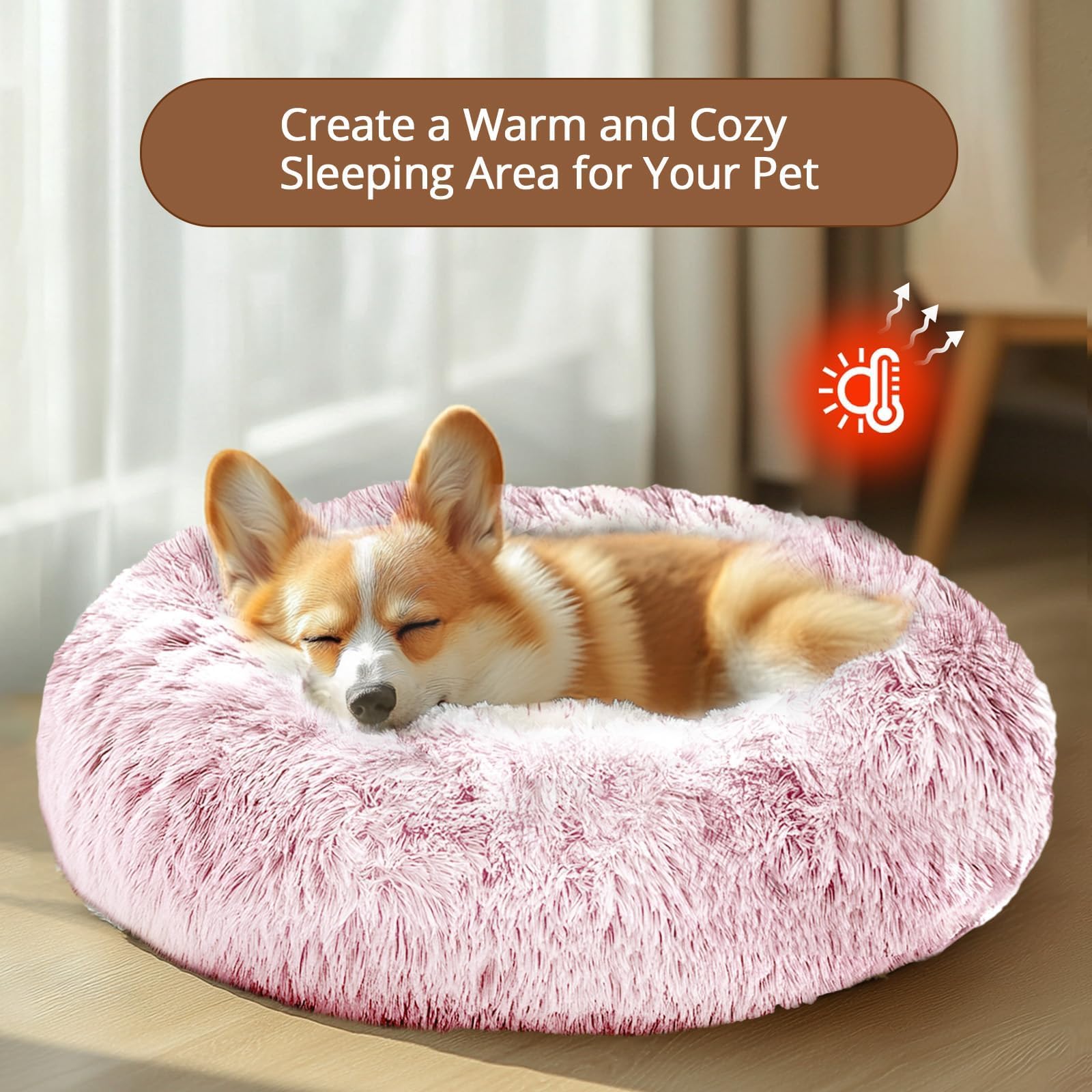 JOLLYVOGUE 23-Inch Calming Donut Dog Bed – Washable Faux Fur, Anti-Slip for Small Dogs Up to 25 lbs (Smoke Pink)