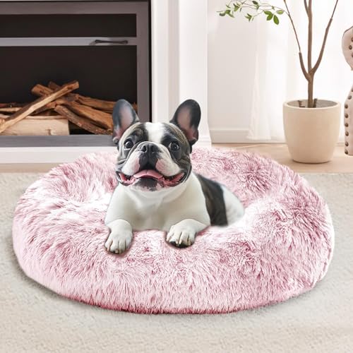 JOLLYVOGUE 23-Inch Calming Donut Dog Bed – Washable Faux Fur, Anti-Slip for Small Dogs Up to 25 lbs (Smoke Pink)