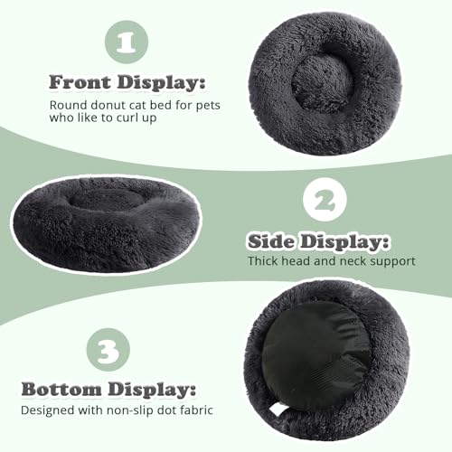 JOLLYVOGUE Fluffy Donut Pet Bed - Calming Anti-Anxiety Cushion for Small Dogs & Cats, 23 Inch