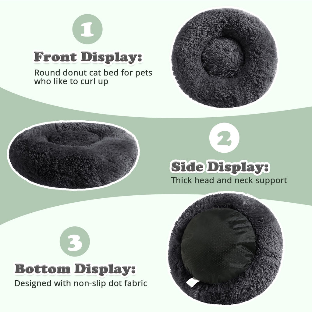JOLLYVOGUE Fluffy Donut Pet Bed - Calming Anti-Anxiety Cushion for Small Dogs & Cats, 23 Inch