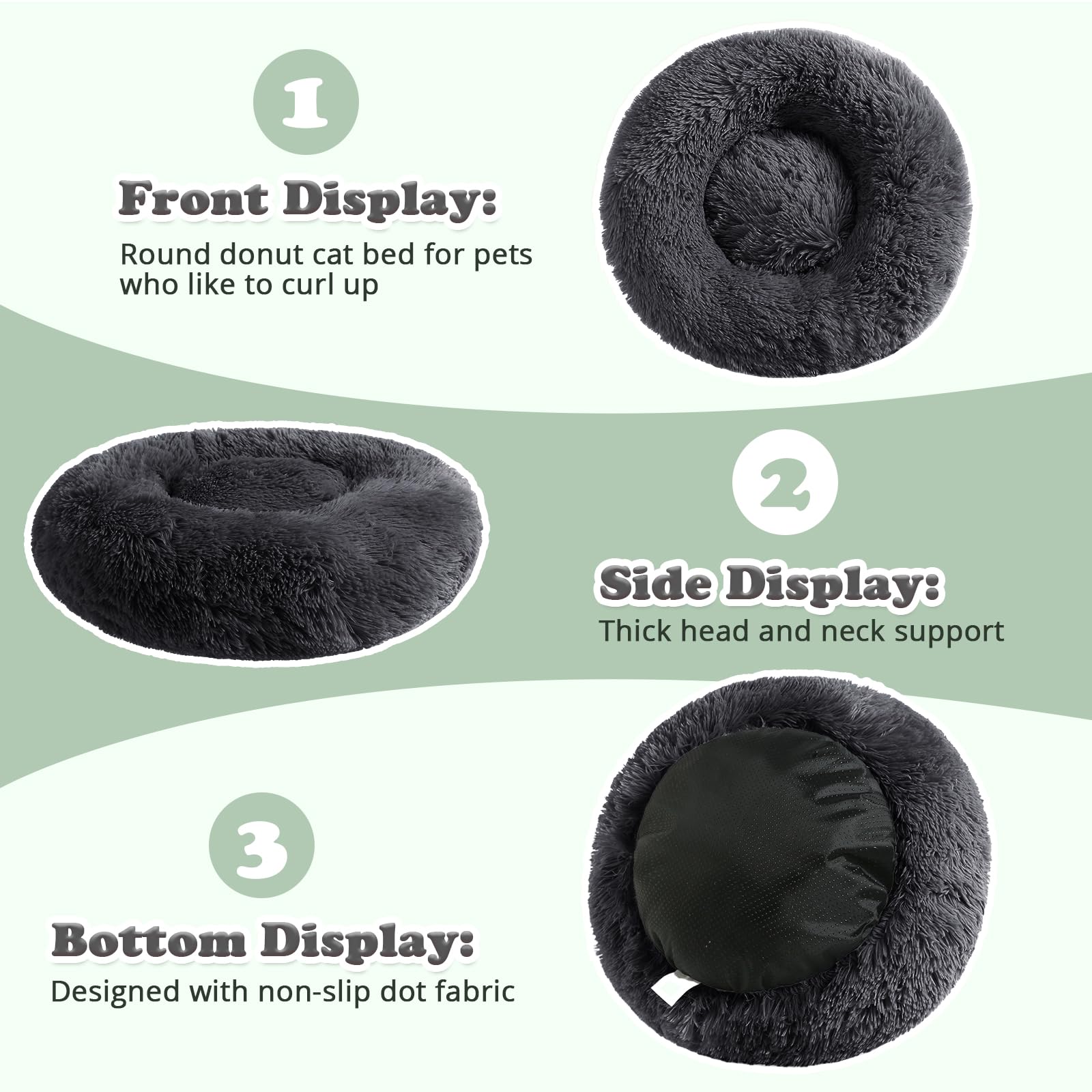 JOLLYVOGUE Fluffy Donut Pet Bed - Calming Anti-Anxiety Cushion for Small Dogs & Cats, 23 Inch