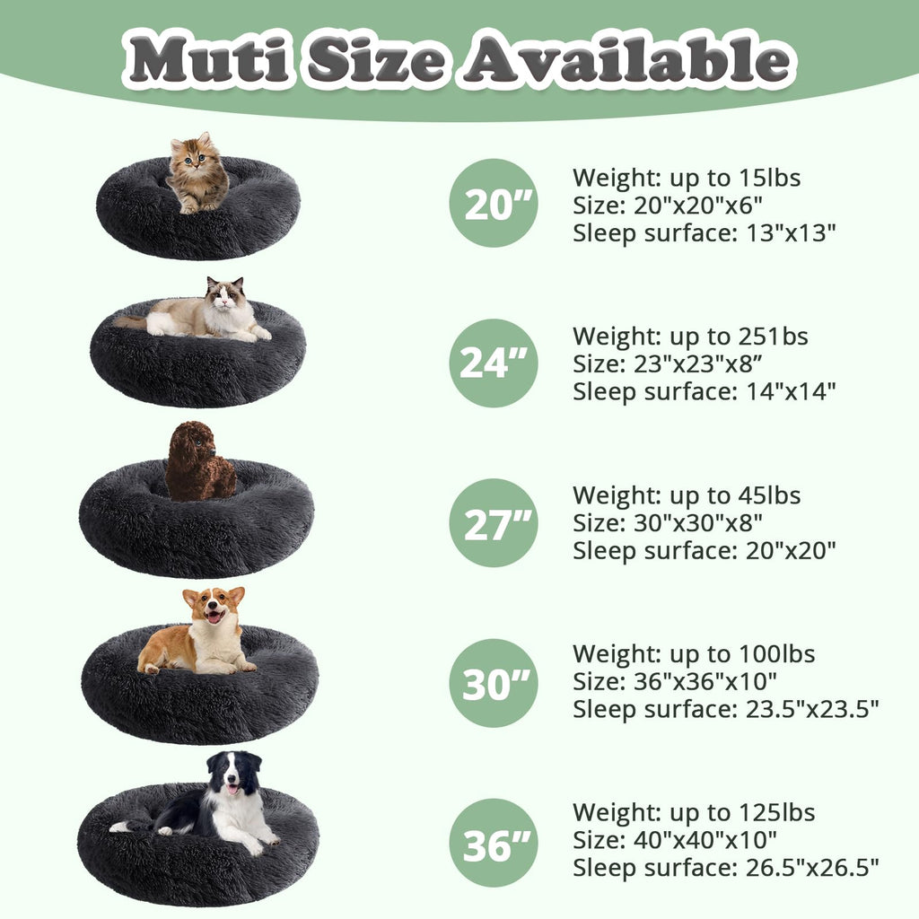JOLLYVOGUE Fluffy Donut Pet Bed - Calming Anti-Anxiety Cushion for Small Dogs & Cats, 23 Inch