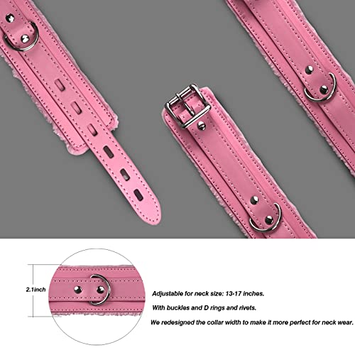 JOYMIN Pink Gothic Leather Choker Collar with Fur Lining and Detachable Leash