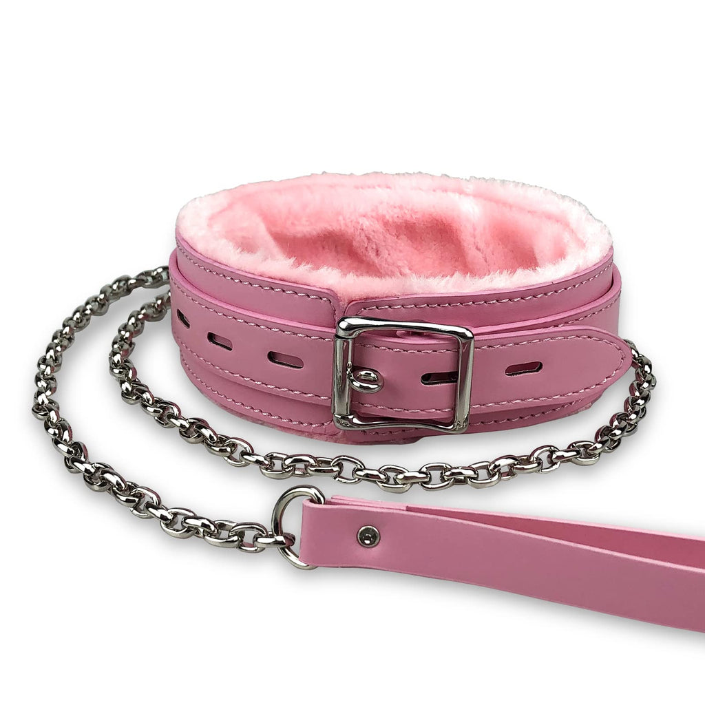 JOYMIN Pink Gothic Leather Choker Collar with Fur Lining and Detachable Leash