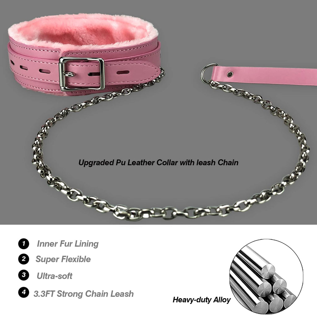 JOYMIN Pink Gothic Leather Choker Collar with Fur Lining and Detachable Leash