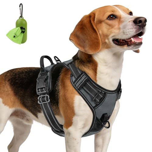 Joytale No Pull Dog Harness for Medium Dogs – Reflective Vest with Front Clip and Handle, Gray Size M