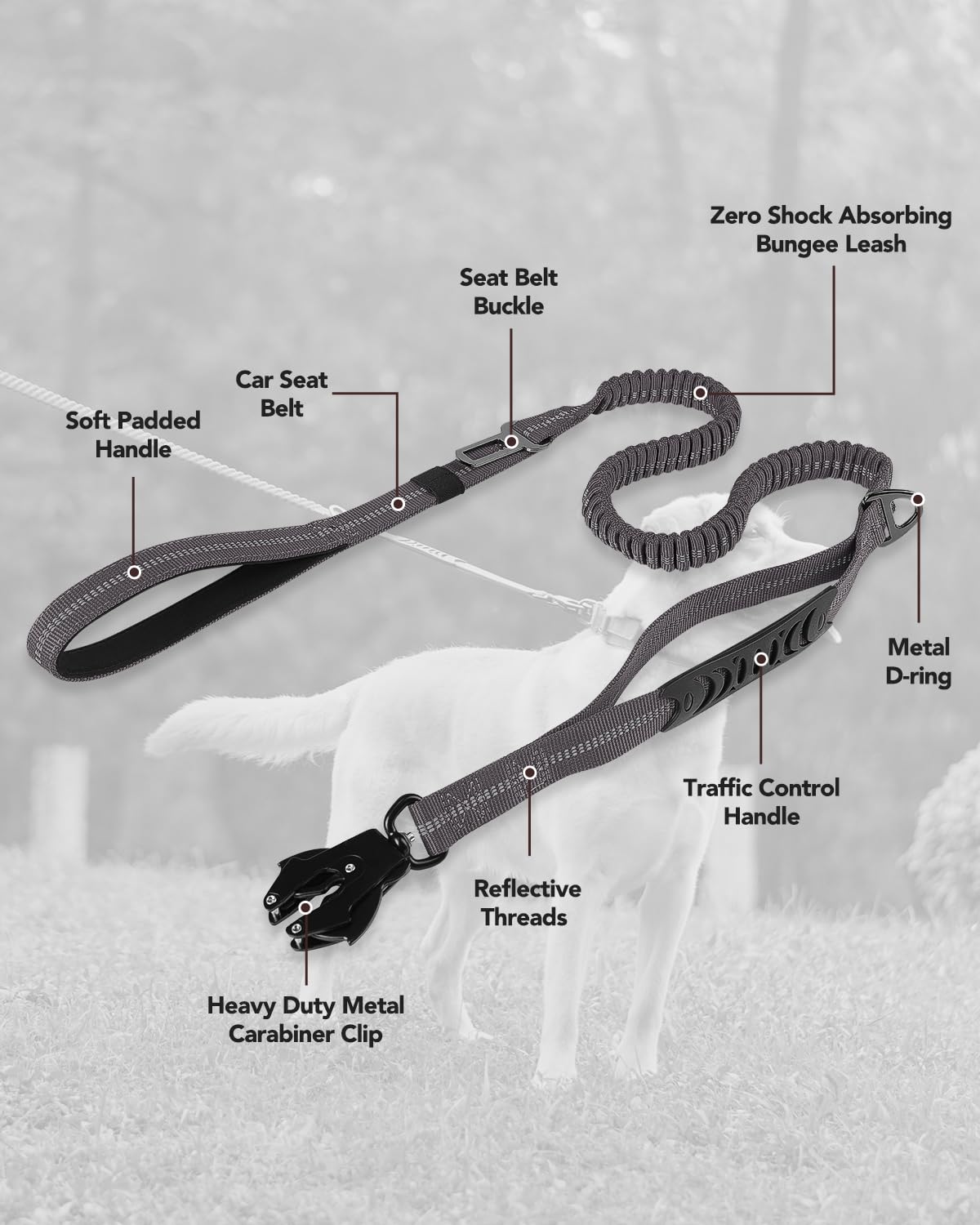 Joytale Tactical Dog Leash Heavy Duty 4-6FT Shock Absorbing Bungee with Dual Handles and Car Seatbelt, Gray