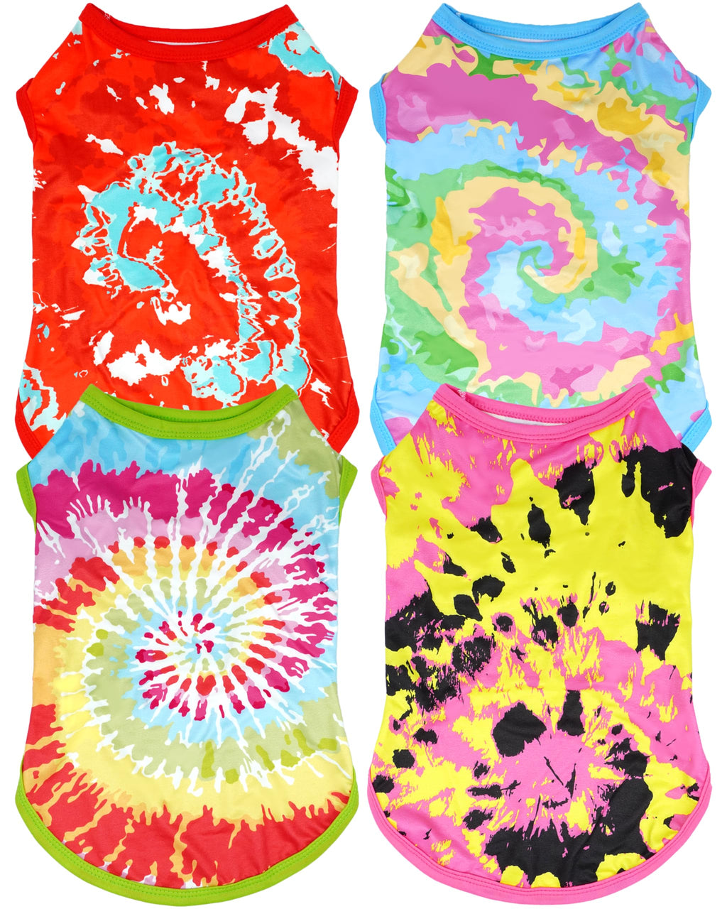 JpGdn 4-Pack Tie Dye Dog Tank Tops - Medium Size Sleeveless Tees for Summer, Pink Green Blue Red