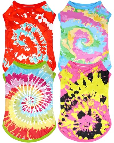 JpGdn 4-Pack Tie Dye Dog Tank Tops - Medium Size Sleeveless Tees for Summer, Pink Green Blue Red