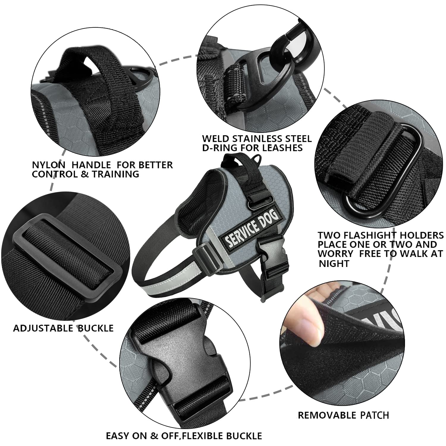 JSXD No-Pull Dog Harness – Adjustable Reflective Vest with Handle for Small, Medium, Large Dogs (Grey, Size L)