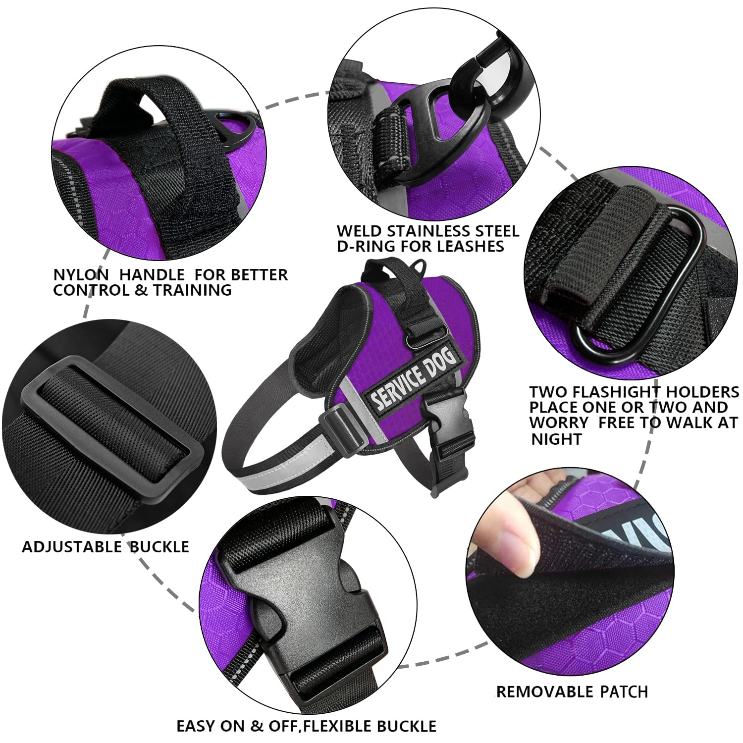 JSXD No-Pull Dog Harness with Handle, Adjustable 3M Reflective Nylon Vest for Small Dogs, Purple Size S