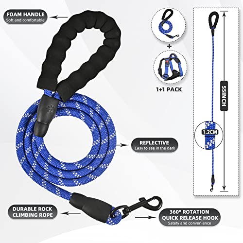 Juqiboom No Pull Dog Harness with Free Leash - Adjustable Soft Padded Vest, Reflective, Medium, Blue